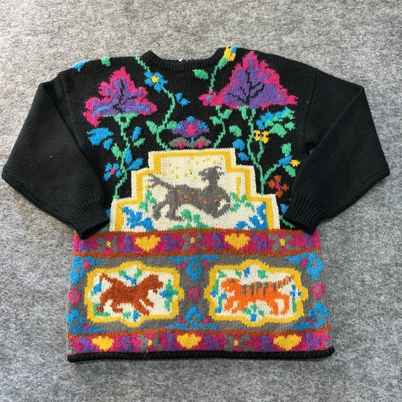 Kitty Hawk Sweaters - Vintage Kitty Hawk Vivian Wang Animal Sweater Black Floral Horse Wool 90s Knit